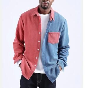 Men's Two-Tone Corduroy Button Down Shirt - Red and Blue
